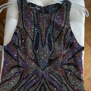 NWT Laurence Kazar Sleeveless Top Beaded Black Silk w Multicolored Beads Large
